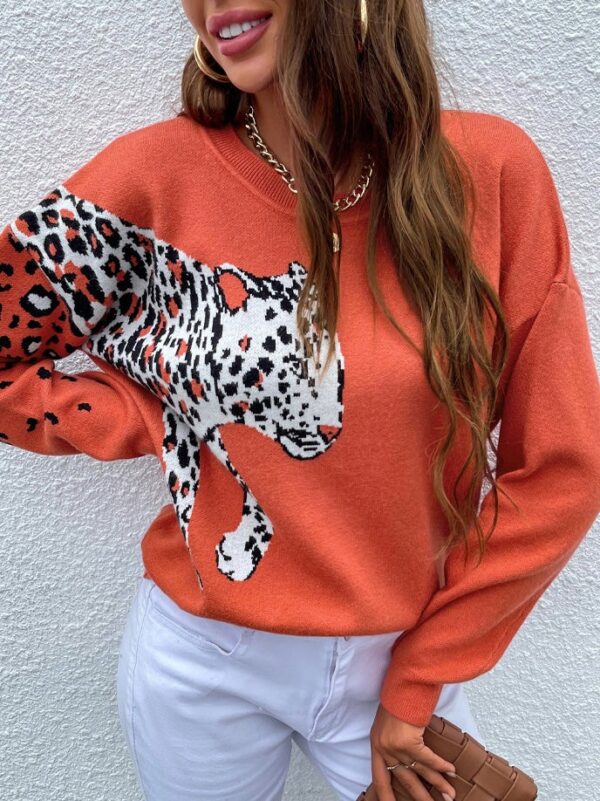 Women's Sweaters Leopard Print Pullover Long Sleeve Knitted Sweater - Image 7