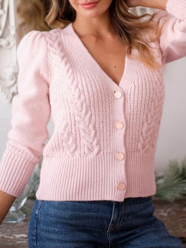 Women's Sweaters V-Neck Button Twist Long Sleeve Cardigan Sweater - Image 3